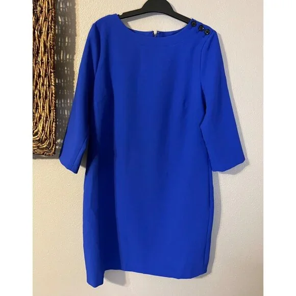 Banana Republic Dress 10 Blue 3/4 Long Button Shoulder Stretch Sleeve Sheath - Picture 7 of 7